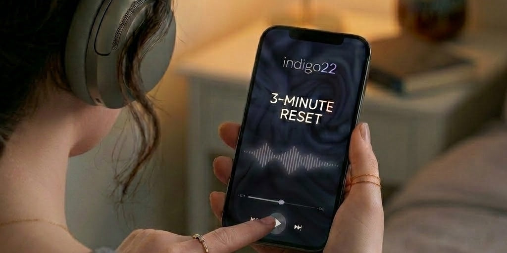 A woman pressing play on the Indigo 22 3-Minute Reset on her phone, headphones on, beside a lamp-lit bed.