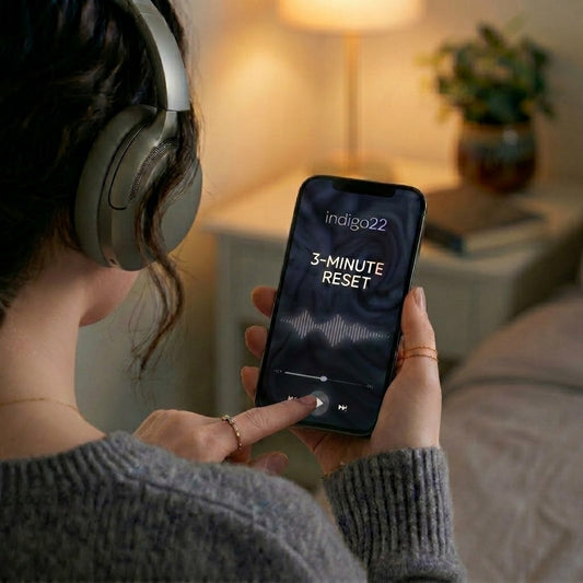 A woman in headphones pressing play on her Indigo 22 3-Minute Reset, sitting on the edge of a lamp-lit bed