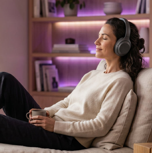 A woman relaxing with headphones, listening to her personalized Indigo 22 session